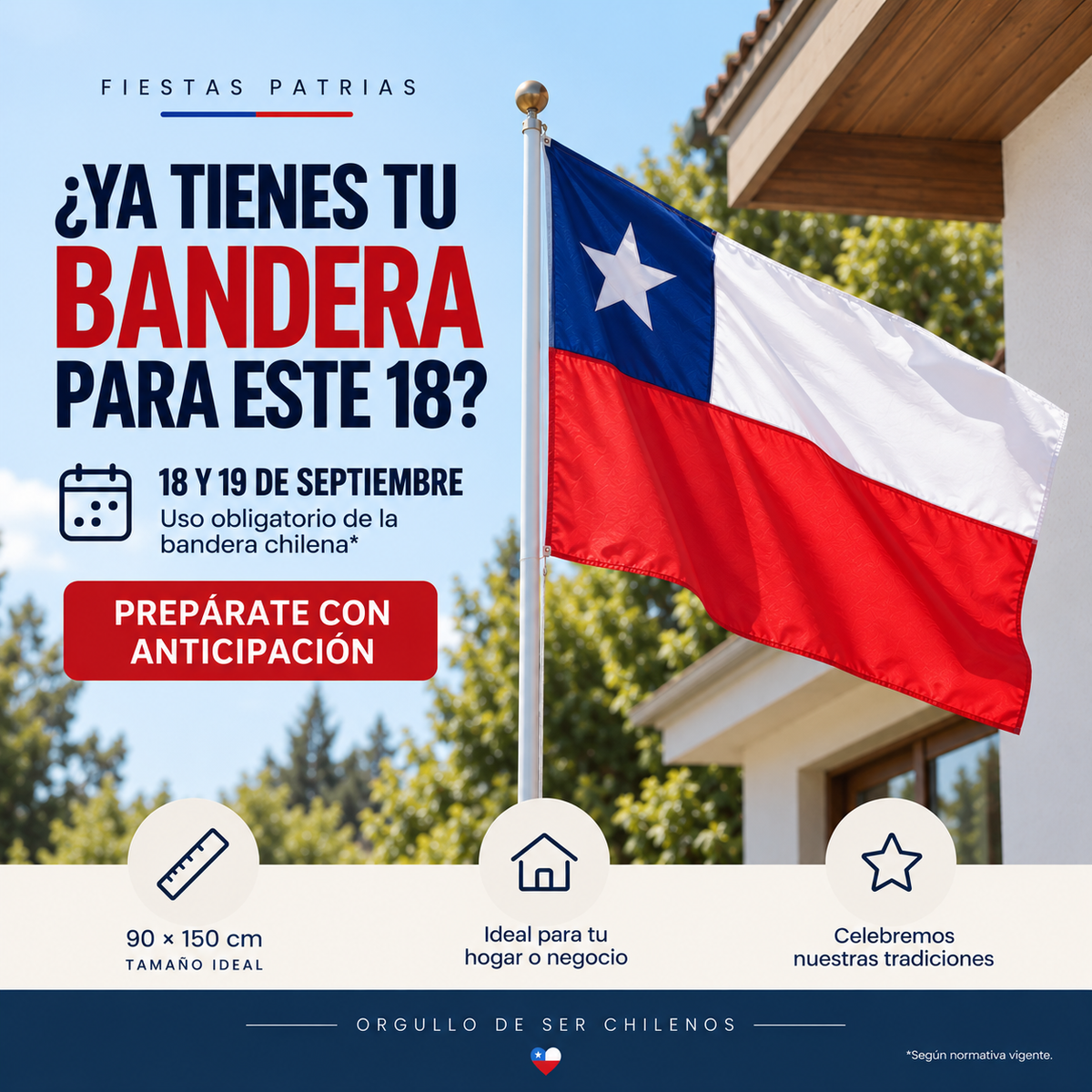 Bandera Chilena 90 × 150 cm | Fiestas Patrias